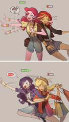 Size: 1493x2644 | Tagged: safe, artist:tcn1205, applejack, pinkie pie, rarity, sunset shimmer, equestria girls, battery, clothes, cute, denim shorts, diapinkes, dress, female, food, high heels, ice cream, jackabetes, lesbian, raribetes, rarijack, running, running in place, sale, shimmerbetes, shipping, shoes, shopping, shorts, skirt, sunsetpie