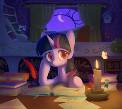 Size: 1203x1071 | Tagged: safe, artist:dawnfire, twilight sparkle, butterfly, moth, book, candle, colored pupils, golden oaks library, red eyes, solo