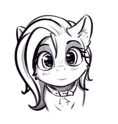 Size: 1625x1706 | Tagged: safe, artist:alcor, fluttershy, pegasus, pony, blushing, bust, chest fluff, choker, chokershy, collar, cute, ear fluff, female, grayscale, looking at you, mare, monochrome, portrait, precious, smiling, solo, stray strand, sweet dreams fuel