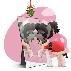 Size: 1280x1280 | Tagged: safe, artist:northernsprint, artist:whydomenhavenipples, edit, oc, oc only, oc:nikita, pony, christmas, clothes, collar, eyes closed, female, holly, kissing, kissing meme, mare, mistletoe, narcissism, raised hoof, santa costume, solo, stockings