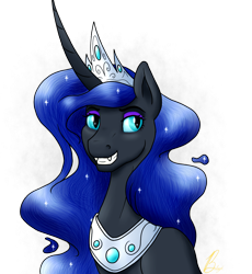 Size: 1080x1172 | Tagged: safe, artist:marsh-mal-oh, nightmare moon, alicorn, pony, bust, crown, cute, ethereal mane, female, grin, jewelry, mare, peytral, portrait, queen, regalia, signature, simple background, smiling, solo, transparent background