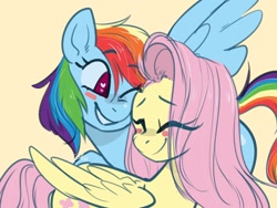 Size: 1280x960 | Tagged: safe, artist:goshhhh, fluttershy, rainbow dash, pegasus, pony, blushing, cute, dashabetes, eyes closed, female, flutterdash, heart eyes, lesbian, mare, one eye closed, shipping, shyabetes, signature, simple background, smiling, snuggling, wingding eyes, yellow background