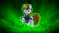 Size: 2560x1440 | Tagged: safe, artist:brisineo, artist:sgtwaflez, oc, oc only, oc:littlepip, pony, unicorn, fallout equestria, clothes, fanfic, fanfic art, female, glowing horn, horn, levitation, magic, mare, open mouth, pipbuck, self-levitation, smiling, solo, starlight says bravo, telekinesis, vault suit, wallpaper