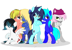 Size: 1600x1129 | Tagged: safe, artist:snowbunny0820, oc, oc only, oc:blake, oc:daniel, oc:fin, oc:jessy, oc:kayla (snowbunny0820), oc:snowbunny, earth pony, pegasus, pony, unicorn, base used, bipedal, female, male, mare, rule 63, simple background, stallion, transparent background