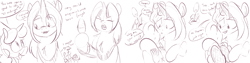 Size: 2800x700 | Tagged: safe, artist:goat train, oc, oc only, oc:anon, oc:gloomy, oc:junior, oc:marker pony, human, comic, drunk, happy new year, monochrome, oven mitts, singing, sketch