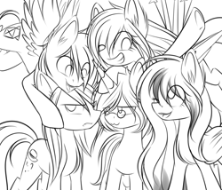 Size: 1600x1371 | Tagged: safe, artist:snowbunny0820, oc, oc only, oc:blake, oc:daniel, earth pony, pegasus, pony, unicorn, female, glasses, male, mare, monochrome, stallion