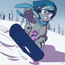 Size: 1500x1500 | Tagged: safe, artist:goat train, amethyst star, sparkler, oc, oc:daturea eventide, oc:tinisparkler, bat pony, pony, clothes, hat, micro, scarf, size difference, sled, sledding, snow, tiny ponies