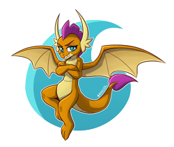 Size: 2818x2386 | Tagged: safe, artist:kavalliernc, smolder, dragon, abstract background, crossed arms, dragoness, female, flying, signature, smiling, smirk, solo, spread wings, wings