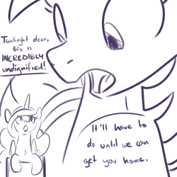 Size: 500x500 | Tagged: safe, artist:goat train, princess celestia, twilight sparkle, alicorn, pony, dialogue, macro, micro, monochrome, open mouth, shrunklestia, size difference, sketch