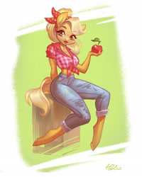 Size: 2067x2586 | Tagged: safe, artist:holivi, applejack, anthro, earth pony, unguligrade anthro, apple, clothes, female, food, freckles, front knot midriff, legs, mare, midriff, solo