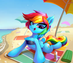 Size: 4300x3750 | Tagged: safe, artist:gsphere, rainbow dash, pegasus, pony, absurd resolution, beach, cheek fluff, chest fluff, clothes, cute, dashabetes, ear fluff, female, leg fluff, mare, ocean, open mouth, sexy, smiling, solo, stupid sexy rainbow dash, swimsuit, wet