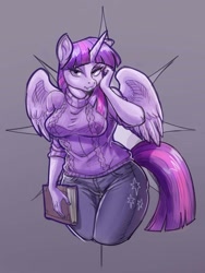 Size: 1200x1600 | Tagged: safe, artist:noupie, twilight sparkle, twilight sparkle (alicorn), alicorn, anthro, book, breasts, clothes, curvy, female, mare, pants, solo, sweater