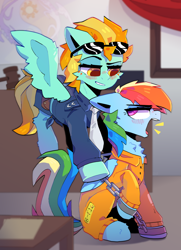 Size: 2500x3461 | Tagged: safe, artist:dino_horse, lightning dust, rainbow dash, pegasus, pony, b-f16, bound wings, clothes, courtroom, cuffs, female, glasses, guard, jail, mare, never doubt rainbowdash69's involvement, police, police officer, police pony, police uniform, prison, prison outfit, prisoner, prisoner rd, shackles, wings