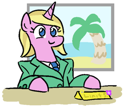 Size: 519x441 | Tagged: safe, artist:jargon scott, oc, oc only, oc:limit state, pony, semi-anthro, unicorn, c:, clothes, cute, desk, necktie, picture, shoulder pads, smiling, solo, sticker, suit