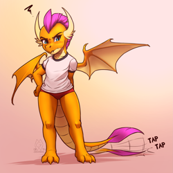 Size: 2375x2375 | Tagged: safe, artist:mykegreywolf, smolder, dragon, blushing, clothes, dragoness, female, gradient background, gym uniform, high res, impatient, looking at you, shirt, smolder is not amused, smoldere, solo, sports panties, tsundere, unamused