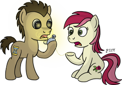 Size: 4400x3076 | Tagged: safe, artist:mkogwheel, doctor whooves, roseluck, pony, eye reflection, fob watch, john smith, male, simple background, stallion, surprised, transparent background, watch