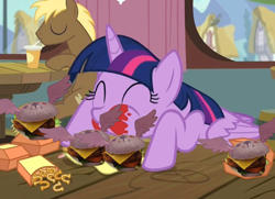 Size: 722x522 | Tagged: safe, artist:danmur15, edit, edited screencap, screencap, coco crusoe, twilight sparkle, twilight sparkle (alicorn), alicorn, twilight time, burger, cropped, drink, food, french fries, hay burger, hay fries, twilight burgkle