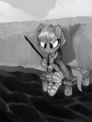 Size: 600x800 | Tagged: safe, artist:whydomenhavenipples, oc, oc only, oc:flo, sea pony, cloak, clothes, fishing, fishing rod, grayscale, monochrome, socks, solo, striped socks