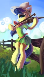 Size: 1600x2797 | Tagged: safe, artist:saxopi, fiddlesticks, pony, apple family member, cloud, fence, fiddle, musical instrument, sitting, solo