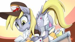 Size: 1920x1080 | Tagged: safe, artist:mysticalpha, derpy hooves, pegasus, pony, abstract background, butt, clothes, dock, female, hat, letter, mail, mailmare, mailmare hat, mare, mouth hold, plot, rear view, solo, stamp, strategically covered, wavy mouth