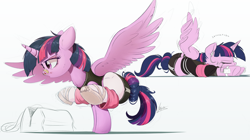 Size: 1500x838 | Tagged: safe, artist:ncmares, twilight sparkle, twilight sparkle (alicorn), alicorn, pony, balancing, ballet slippers, bandaid, blood, clothes, dancing, earbuds, exercise, female, mare, nosebleed, phone, shorts, socks, solo, sports shorts, stockings, stretching, thigh highs