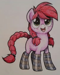 Size: 2005x2494 | Tagged: safe, artist:wingedwolf94, oc, oc only, oc:crab apple, braid, clothes, looking up, socks, solo, traditional art