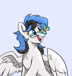 Size: 609x641 | Tagged: safe, artist:rutkotka, oc, oc only, oc:kezzie, butterfly, pegasus, pony, female, glasses, looking at something, mare, open mouth, simple background, smiling, solo, spread wings, teeth, white background, wings, ych result