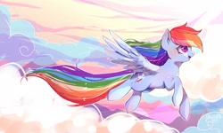 Size: 1775x1063 | Tagged: safe, artist:riukime, rainbow dash, pegasus, pony, cloud, female, flying, happy, mare, open mouth, outdoors, pastel, rainbow, sky, smiling, solo, spread wings, wings