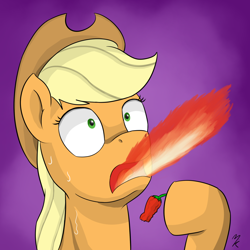 Size: 1280x1280 | Tagged: safe, artist:mkogwheel, applejack, earth pony, pony, chilli, fire, food, missing freckles, solo, spicy