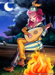 Size: 880x1200 | Tagged: safe, alternate version, artist:racoonsan, pinkie pie, human, dungeons and discords, bard, bard pie, campfire, clothes, commission, commissioner:imperfectxiii, cute, diapinkes, dungeons and dragons, eyes closed, fantasy class, female, humanized, log, lute, moon, night, night sky, ogres and oubliettes, open mouth, pixiv, sitting, sky, solo