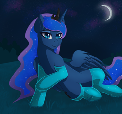 Size: 1600x1499 | Tagged: safe, artist:nathayro37, princess luna, alicorn, pony, clothes, crescent moon, grass, long socks, looking at you, moon, night, smiling, socks, solo, stars