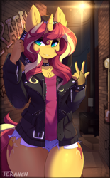 Size: 900x1455 | Tagged: safe, artist:teranen, sunset shimmer, anthro, unicorn, badass, bunset shimmer, chest fluff, clothes, cute, daisy dukes, detailed background, ear fluff, equestria girls outfit, eyeshadow, female, hips, hoodie, jacket, leather jacket, makeup, mare, night, punk, shimmerbetes, shorts, smiling, solo, thick, thighs, thunder thighs, wide hips