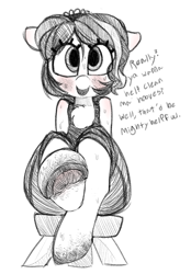 Size: 635x914 | Tagged: safe, artist:whydomenhavenipples, oc, oc only, oc:dairy anne, chest fluff, dialogue, dirty hooves, female, hoof fetish, hooves, monochrome, solo, underhoof