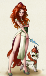 Size: 729x1200 | Tagged: safe, artist:the-park, autumn blaze, human, kirin, adorasexy, awwtumn blaze, beautiful, cheongsam, clothes, cute, female, flower, foal's breath, high heels, human kirindox, human ponidox, humanized, leg focus, self ponidox, sexy, shoes, side knot underwear, side slit, simple background, solo, standing, underwear