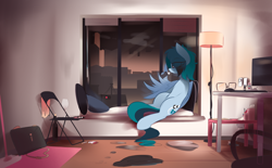 Size: 3236x2006 | Tagged: safe, artist:nevobaster, oc, oc only, oc:delta vee, pegasus, pony, alcohol, alone, chair, cigarette, city, computer, depressed, depressing, female, lamp, mare, night, pillow, sitting, sky, vape, window, wine, wing hold