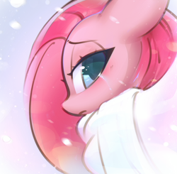 Size: 1604x1569 | Tagged: safe, artist:mirroredsea, pinkie pie, earth pony, pony, bust, clothes, crying, female, looking at you, mare, pinkamena diane pie, portrait, profile, scarf, snow, solo