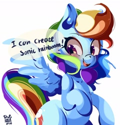 Size: 1808x1881 | Tagged: safe, artist:tohupo, rainbow dash, pegasus, pony, cute, dashabetes, dialogue, engrish, open mouth, simple background, solo, sonic boom, sonic rainboom, speech bubble, spread wings, truth, white background, wings