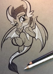 Size: 739x1024 | Tagged: safe, artist:emberslament, smolder, dragon, blushing, colored pencil drawing, cute, fangs, female, flying, one eye closed, photo, smolderbetes, solo, thumbs up, traditional art, wink