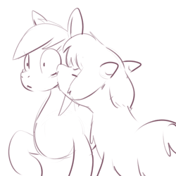 Size: 700x700 | Tagged: safe, artist:goat train, oc, oc only, oc:ida, oc:melody (paigescribe), goat, kissing, monochrome, raised hoof, sketch, surprise kiss, surprised