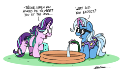 Size: 3074x1765 | Tagged: safe, artist:bobthedalek, starlight glimmer, trixie, pony, unicorn, alternate hairstyle, bikini, clothes, female, hose, magic, mare, paddling pool, ponytail, sandals, sunglasses, swimming pool, swimsuit, telekinesis, towel