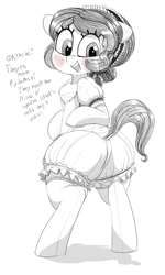 Size: 790x1317 | Tagged: safe, artist:whydomenhavenipples, oc, oc only, oc:dairy anne, pony, bipedal, bloomers, blushing, chest fluff, clothes, dialogue, grayscale, large butt, looking back, monochrome, neo noir, pajamas, partial color, plot, socks, solo