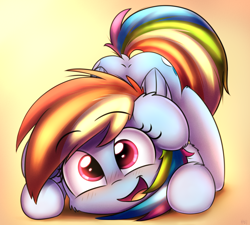 Size: 2000x1800 | Tagged: safe, artist:heavymetalbronyyeah, rainbow dash, pegasus, pony, behaving like a dog, both cutie marks, cute, dashabetes, face down ass up, female, floppy ears, happy, looking at you, mare, open mouth, smiling, solo