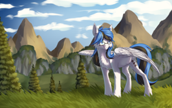 Size: 3000x1895 | Tagged: artist needed, safe, oc, oc only, oc:kezzie, pegasus, pony, female, mare, mountain, scenery, solo
