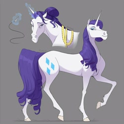 Size: 4000x4000 | Tagged: safe, artist:punkypants, rarity, pony, unicorn, female, frown, glowing horn, gray background, hoers, horn, magic, mare, measuring tape, messy mane, raised hoof, sewing needle, signature, simple background, smiling, solo, telekinesis, thread, tired