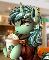 Size: 1446x1764 | Tagged: safe, artist:pridark, lyra heartstrings, pony, unicorn, airpods, bipedal, bust, caffeine, clothes, drink, ear piercing, female, frappuccino, hoof hold, piercing, portrait, solo, starbucks, sweater