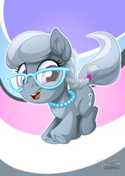 Size: 955x1351 | Tagged: safe, artist:mysticalpha, silver spoon, earth pony, pony, female, filly, glasses, missing teeth, necklace, open mouth, pearl necklace, smiling, solo, tooth gap, wide eyes