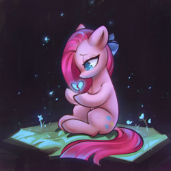 Size: 1602x1602 | Tagged: safe, artist:mirroredsea, pinkie pie, earth pony, pony, black background, bow, broken hearts, colored pupils, cute, cuteamena, female, flower, hair bow, heart, mare, pinkamena diane pie, sad, simple background, sitting, solo