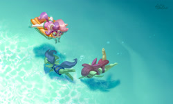 Size: 3445x2067 | Tagged: safe, artist:holivi, apple bloom, scootaloo, sweetie belle, anthro, earth pony, pegasus, unicorn, clothes, cute, cutie mark crusaders, eyes closed, fantasizing, female, floaty, inflatable, ocean, swimming, swimsuit, underwater