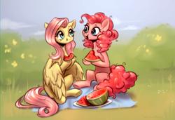 Size: 2000x1364 | Tagged: safe, artist:vincher, fluttershy, pinkie pie, earth pony, pegasus, pony, duo, eating, female, food, happy, mare, outdoors, picnic blanket, sitting, watermelon