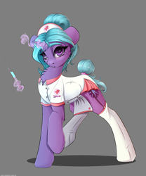 Size: 2500x3000 | Tagged: safe, artist:skitsroom, oc, oc only, oc:eleane tih, pony, unicorn, clothes, cute, female, garter straps, garters, gray background, high res, levitation, looking at you, magic, mare, nurse outfit, raised hoof, simple background, skirt, smiling, socks, solo, stockings, syringe, telekinesis, thigh highs